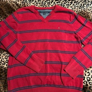 Tommy Hilfiger Men's Red and Blue V-Neck Sweater
